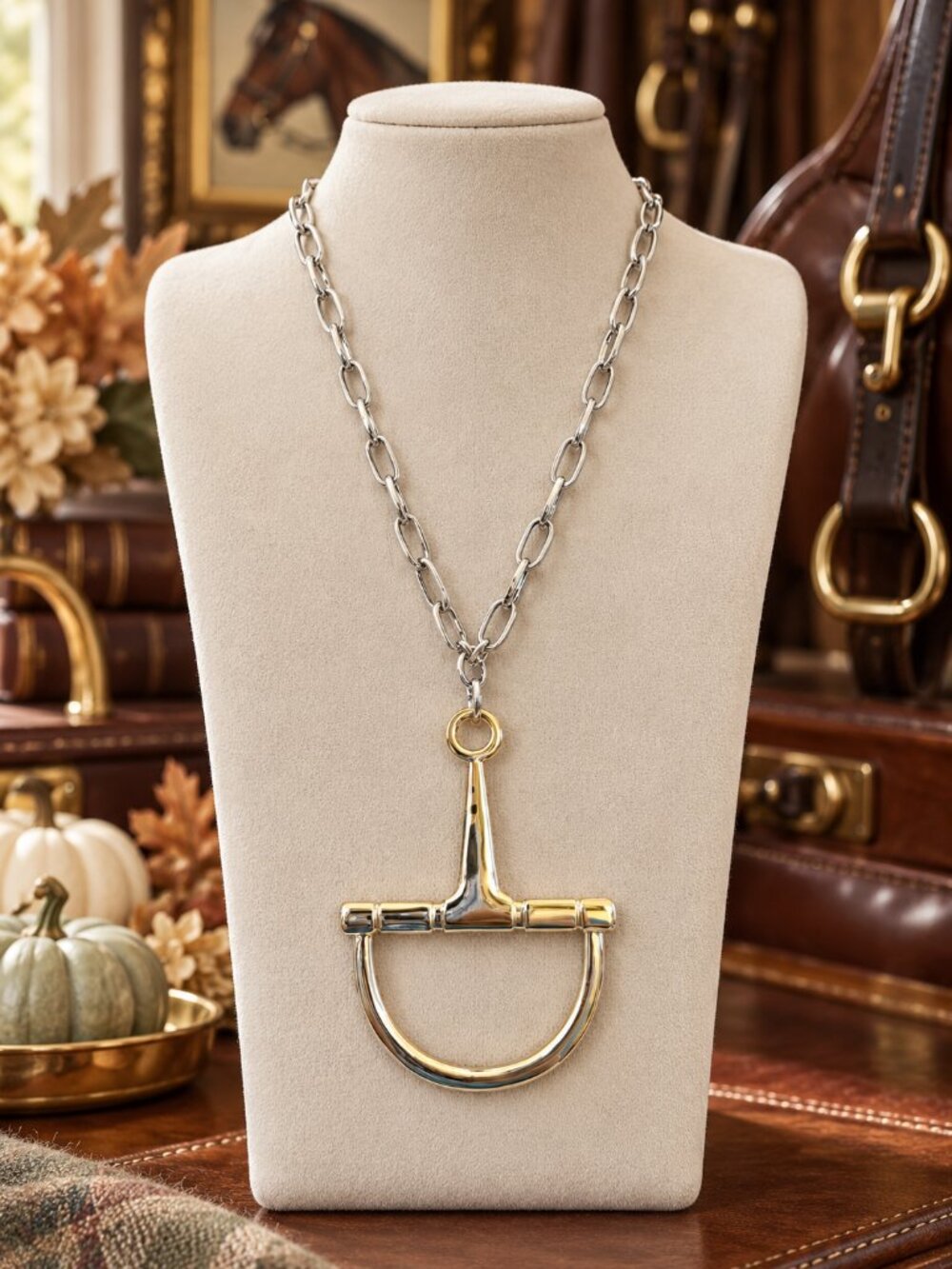Two Tone Horse Bit Necklace, Gold Equestrian Pendant Necklace, Silver Link Chain